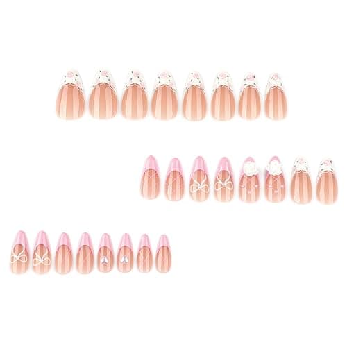 XZMeiLun Handmade 3D Flower Pearl French Tips Press On Nails Almond Medium, Floral Bow French Tip Designer Reusable Acrylic Fake Nails With Cute Glue On Nails, Daily Wear Nails For Women Girls thumbnail 4