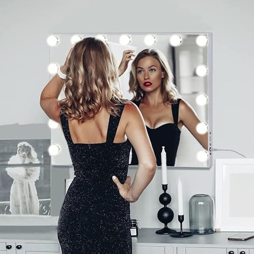 FENCHILIN Vanity Mirror with Lights, Hollywood Lighted Makeup Mirror with 15 Dimmable LED Bulbs for Dressing Room & Bedroom, Slim Metal Frame Design, White thumbnail 8