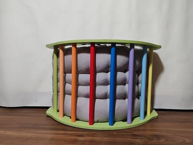 COSYLAND Kids Climber Arch Rocker with Cushion - Solid Wood Indoor Pikler Climbing Toys for Toddler with Handrails - Scentless Indoor Playground Arch Climbing Ladder (Green Frame, Rainbow Sticks) thumbnail 4