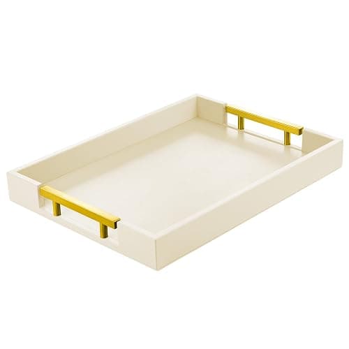 ATZYmolin Leather Serving Tray with Gold Polished Metal Handles, Home Decorative Wooden Rectangle Ottoman Decor Platter Bathroom Vanity Tray for All Occasions White - White - Image 1