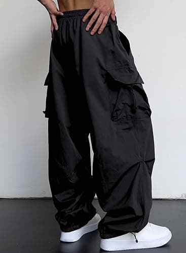 JMIERR Men's Baggy Cargo Pants Trendy Casual Parachute Pant Loose Fit Harem Joggers with Pockets for Streetwear - Small - A1 Black thumbnail 2