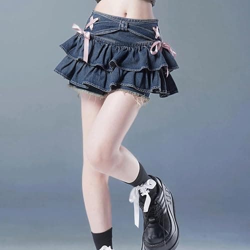 RILGOU Y2K Gothic Kawaii Elastic High Rise Ribbon Pleated Denim Short Skirt | Cutecore, Preppy Clothes, Cute Casual Style, Streetwear, Athleisure, Coquette, A Line, with Shorts Underneath, For Daily Wear thumbnail 4