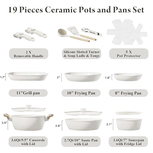 Bazova 19 Pcs Pots and Pans Set Non Stick Ceramic Cookware Set with Removable Handles, Non Toxic Induction Kitchen Cookware Sets RV Cookware,Dishwasher/Oven Safe PFAS/PTFE/PFOA Free Cream White thumbnail 2