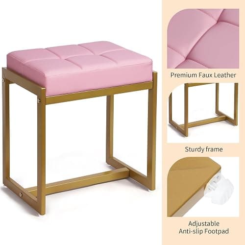 FLYZC Vanity Stool, Pink Small Vanity Stools Chair, Square Cushion Makeup Chairs for Vanity, Metal Foot Stool Ottoman Seat for Bedroom Makeup Living Room, Pink & Gold - Pink & Gold thumbnail 4