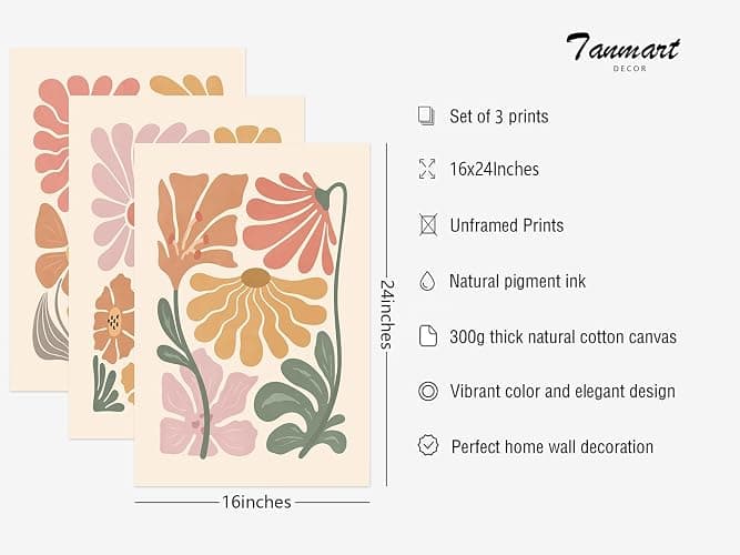 Boho Flower Wall Art Decor Abstract Floral Canvas Prints Botanical Plant Wall Art Pictures Minimalist Flower Market Painting Poster for Living foom Bedroom 16x24 Inch Unframed Set of 3 thumbnail 2