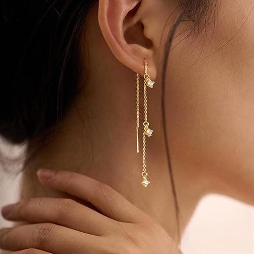 Sewyer Gold Earrings for Women, Dainty 14K Gold Plated Dangle Earrings for Women Trendy Long Dangle Drop Chain Earring for Sensitive Ears Cute Hypoallergenic Threader Earring Non Tarnish Jewelry Gifts thumbnail 3