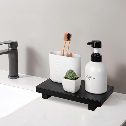 Bathroom Counter Organizer Wood Pedestal Stand Farmhouse Decorative Tray Soap Holder for Kitchen Decor, 9" x 6" - Black thumbnail 2
