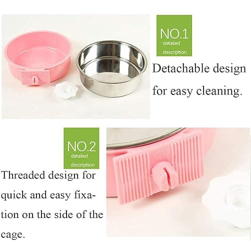 QIYADIN Stainless Steel Removable Pet Food Bowl, Anti-overturn Water Feeder Container, Suitable for Small Dog/Cat/Rabbit, 2 Set of Crate Bowls, Easy to Install and Clean - Pink/Blue - 2PCS Round thumbnail 5