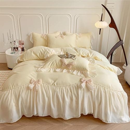 ❤️SOUKECHY Ruffled Bedding Bow Duvet Cover Set with Butterfly Tie, Full Comforter Cover Set, Shabby Chic Bedding Set,Romantic French Princess Style -Yellow,Full - Image 1