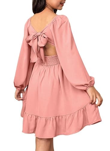blibean Girls Long Sleeve Tie Back Dress Tween Fall Off Shoulder Dress Size 6-15 Years - Image 1