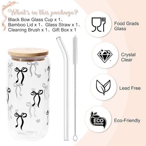 Coquette Black Bow Aesthetic Cup With Gift Box 16oz Glass Cup with Lids Straws and Black Bow Iced Coffee Smoothie Cute Tumbler with Cleaning Brush for Girls Bestfriend Sister Girlfriend, Preppy Stuff thumbnail 4