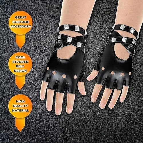 Fingerless Faux Leather Biker Gloves - Black Punk Glove Belt Up Closure thumbnail 4