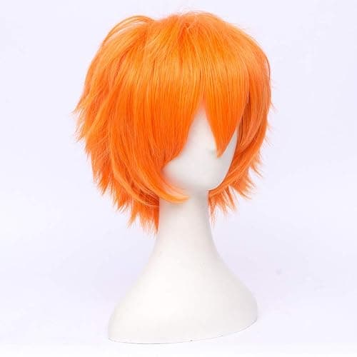 LABEAUTÉ Short Bright Orange Anime Cosplay Wig Male Men Anime Layered Unisex Heat Resistant Hair Wig with Bangs for Party and Halloween for Gift + Free Cap thumbnail 5