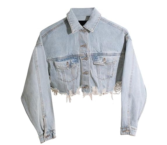 HTD Women's Cropped Jean Jacket Button Up Long Sleeve Ripped Distressed Denim Jacket Frayed Hem thumbnail 3