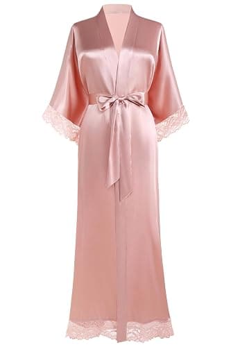 BABEYOND Satin Kimono Robe Silky Long Bridesmaid Wedding Lightweight Bath Robe with Lace Trim - Image 1