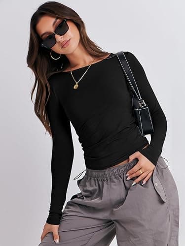 ANRABESS Women’s Long Sleeve Shirts Tight Fitted Going Out Crop Tops Crewneck Basic Tee Y2k Fall Outfits Teens Girls Clothes thumbnail 4