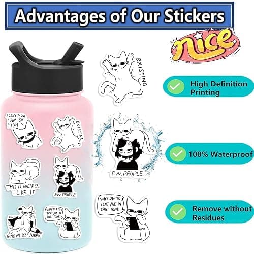 50PCS Funny Black White Cat Meme Stickers for Adults – Cute Emotional Cats Vinyl Decals for Laptop, Water Bottle, Phone Case, Scrapbook, Notebook, Journal – Aesthetic Waterproof Sticker Pack thumbnail 5