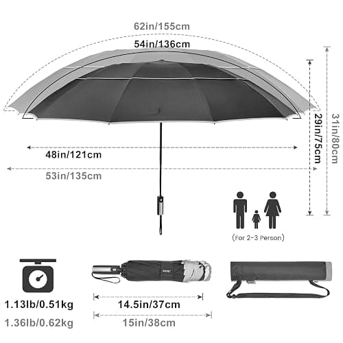 G4Free 54/62 Inch Windproof Inverted Umbrella with Reflective Stripe, Large Compact Reverse Golf Travel Umbrella for Rain 10 Ribs Double Canopy Automatic Open Close - Black - 62 inch thumbnail 4