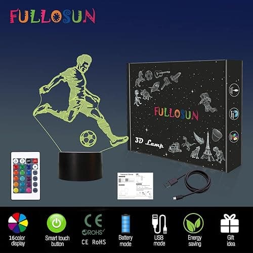 FULLOSUN Soccer Night Light, 3D Optical Illusion Lamp for Soccer Fan, Idea Birthday Xmas Gifts for Sport Fan Boys Girls with Remote Control 16 Color Change + Dim Function + 4 Flash Mode thumbnail 7