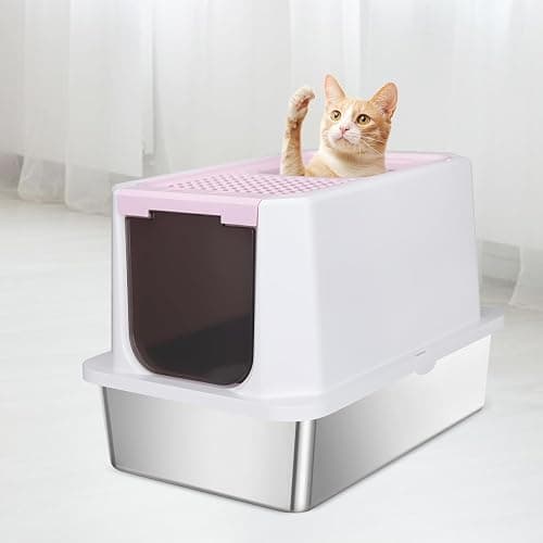 RIZZARI Enclosed Cat Litter Box: Pink Stainless Steel Odorless Litter Box with Top Holes - Anti Leakage - Large Litter Pan for Small to Large Sized Cats in Living Room Garage thumbnail 9