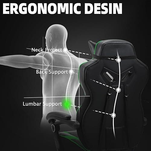 Vonesse Gaming Chair, Big and Tall Gaming Chair with Footrest and Massage, Gaming Chairs for Adults with Lumbar Support, Ergonomic High Back Computer Chair with Pocket Spring Cushion (Green/Black) thumbnail 8