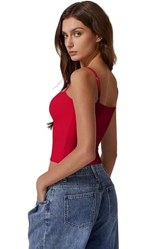 QINSEN Women's Double Lined Basic Tank Top Adjustable Spaghetti Straps Sleeveless Camisole Shirts thumbnail 4