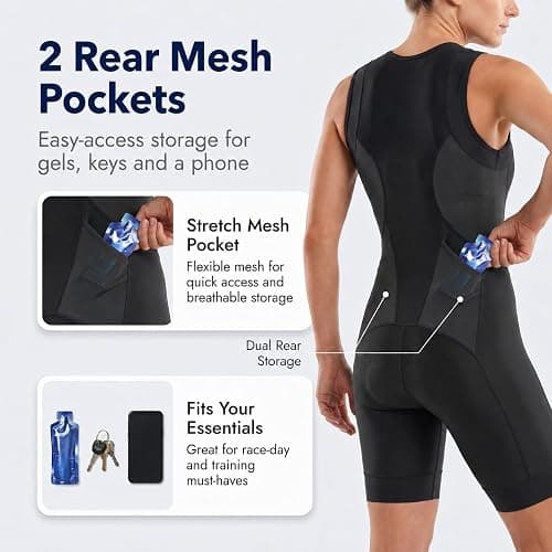Przewalski Women's Triathlon Suit, Sleeveless Padded Half-Zip Trisuit | Breathable swim-bike-run trisuit with medium compression, a 4mm tri pad, 2 rear pockets, and silicone leg grippers thumbnail 5