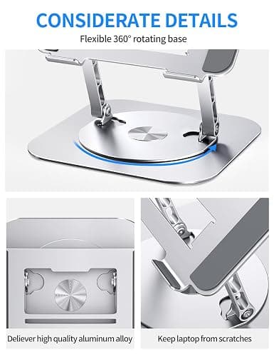 AOEVI Adjustable Computer Stand with 360 Rotating Base, Ergonimic Foldable Laptop Riser for Desk Compatible with MacBook Pro/Air Notebook up to 16 Inches, Silver thumbnail 4