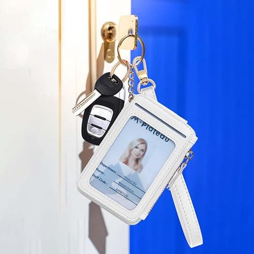 M-Plateau Wallet, Womens card Holder Leather Keychain Wallet With Zipper Coin Pocket ID Window Wrist Strap Gift Box (White) thumbnail 5