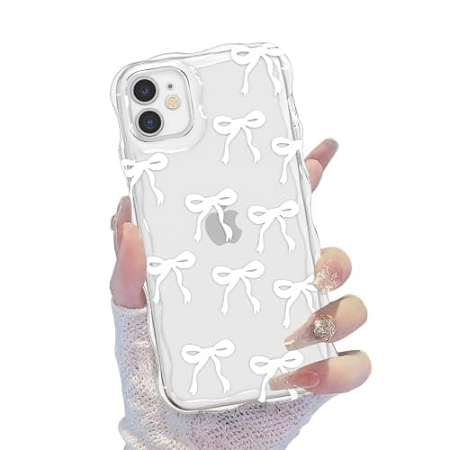 QLTYPRI Bow Case for iPhone 12, Cute Ribbon Bows Wavy Curly Frame Clear Phone Case for Girls Women, Aesthetic Bowknot Transparent Soft Silicone TPU Bumper Shockproof Protective Cover - White thumbnail 7