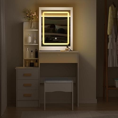 Dressing Table with LED Lights, Vanity Table with Mirror, Makeup Vanity with 4 Open Shelves & 3 Hidden Shelves, 4 Drawers, Stool, Modern Makeup Desk with Sliding Mirror and Lights, White (With LED) thumbnail 7