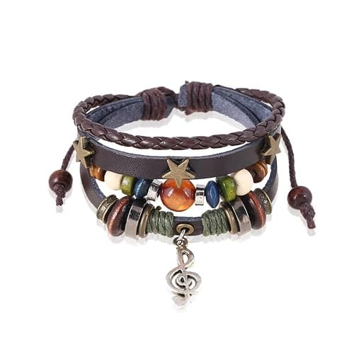 Dmaiy Leather Music Bracelets Braided Beaded Bracelet Black Stackable Bracelets for Women and Men - Brown music - Image 1