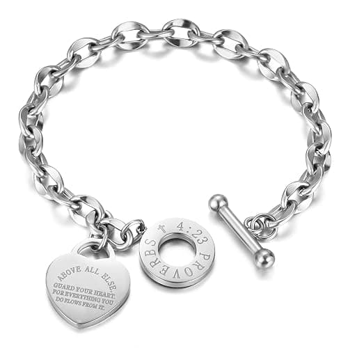 Emibele Heart Charm Bracelet for Women, Bible Verse Bracelet Stainless Steel 18K Gold Plated Bracelet Love Pendant Link Chain OT Clasp, Birthday Christmas Jewelry Gift for Mother Her - Image 1