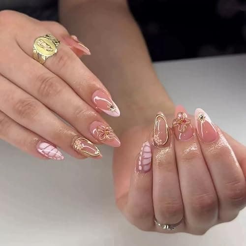 Press on Nails Medium Almond - Flower Fake Nails with Gold Line Design - French Tip False Nails Press ons - for Women 24 Pcs - Image 1