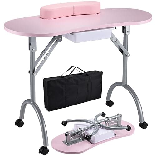 Joligrace Professional Foldable & Portable Manicure Table Nail Technician Desk Workstation 4 Lockable Wheels with Drawer Client Wrist Pad Free Carrying Bag Travel Nail Tech Spa Beauty Table Pink - Image 1