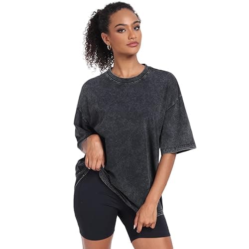 Womens Washed Vintage Oversized T-Shirt Baggy Workout Tops Short Sleeve Cotton Tshirts Streetwear Boyfriend Tee thumbnail 4