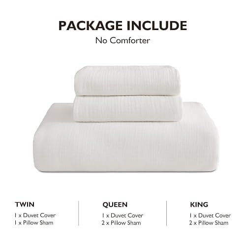 EMME Cream White Muslin Duvet Cover Queen Size, 100% Cotton Soft Gauze Bedding Set with 2 Pillowcases, Breathable Lightweight All Season Comforter Cover with Zipper & Corner Ties, 90"x90" thumbnail 9