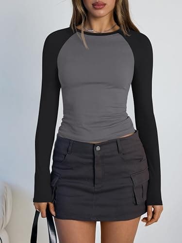 Trendy Queen Women's Long Sleeve Shirts Slim Fit Stretchy Color Block Slightly Cropped Tops thumbnail 2