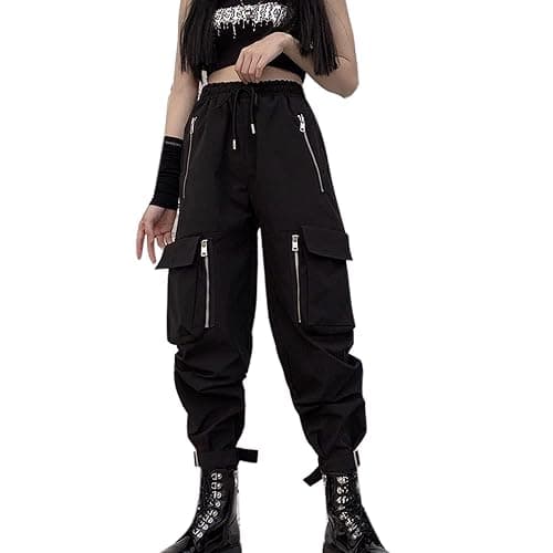 MEINVQIAOTI Black Cargo Pants Women Loose Chained Multi-Pocket Multi-Zip Punk Goth Pants - Image 1