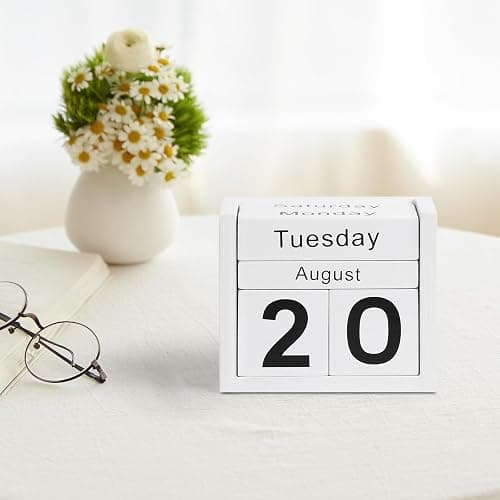DEERINE Wooden Block Calendar for Desk, Daily Desktop Perpetual Desk Calendar, Cute Date Display Blocks Desk Accessory for Home Office Decor, Teacher, Classroom, Reusable Yearly, White thumbnail 2