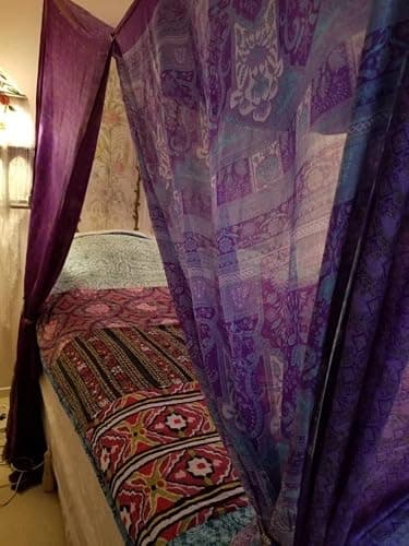 Bed Canopy Curtains Boho Curtains Bohemian Blue Decor India Silk Sari Saree Made to Order Queen Purple Over Bed Tent (Twin(39''x78''x78'')) Multi thumbnail 6
