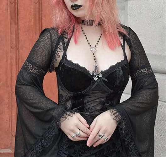 Women Goth Tops Punk Cover Ups Mesh Crop Top See Through Sexy Long Sleeve Blouse Y2k Black Rave Outfit Festival thumbnail 3