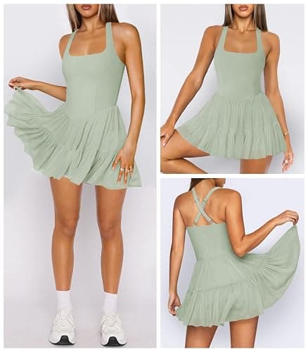 Hragc Women's Tennis Flowy Pleated Ruffle Athletic Dress for Women Halter Neck Sleeveless Mini Golf Dress with Shorts Pocket thumbnail 2