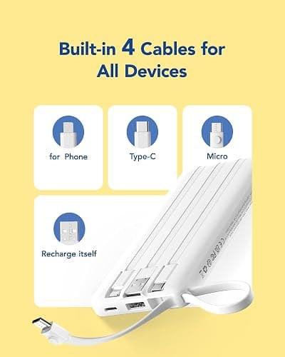 VRURC Portable Charger, Built-in Cables Power Bank 10000mAh | LED Display Slim USB C Battery Pack with 5 Output 2 Input for iPhone, Samsung, Android etc-White(1 pack) thumbnail 3