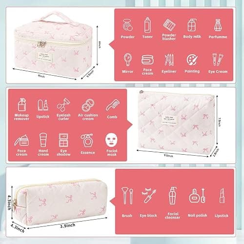 MZLUWM 3Pcs Makeup Bag Cute Cosmetic Bags for Women, Large Capacity Travel Quilted Makeup Bag Set,Cotton Floral Makeup Pouch, Coquette Puffy Toiletry Bag,Attractive Quilted Pouch (Pink bow) thumbnail 5