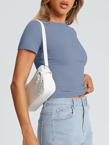 Trendy Queen Womens Basic T Shirts Summer Tops 2025 Crop Short Sleeve Slim Fit Tee Cute Gym Workout Clothes - Medium - Lightblue thumbnail 3