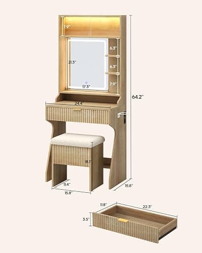 HAUOMS Small Vanity Desk with Mirror and Lights, Sound Sync LED Lights, Fluted Wood Compact Makeup Vanity Table Set with Teddy Fleece Chair, Storage Drawer, Shelves, Bedroom (Oak) thumbnail 2