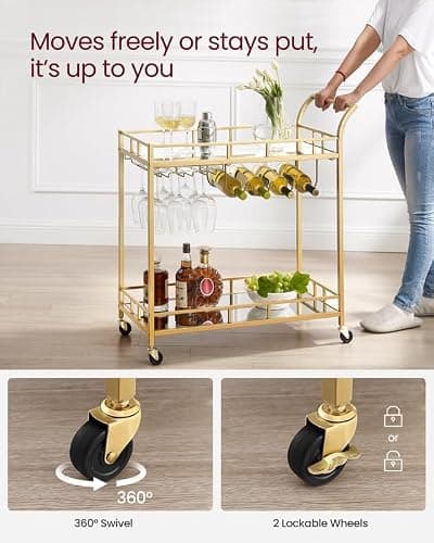 VASAGLE Bar Cart Gold, Home Bar Serving Cart, Wine Cart with 2 Mirrored Shelves, Wine Holders, Glass Holders, for Kitchen, Dining Room, Gold ULRC090A03 thumbnail 8