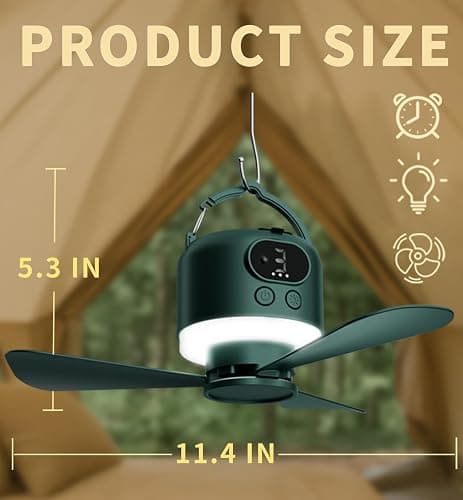 geonfi 11" Tent Fan with Light & Remote, Camping Ceiling Fan with 10040mAh Rechargeable Battery, Portable Hanging Fan for Tent, RV, Canopy, Outdoor Camping (Green, Centimeters, 28.9) thumbnail 2