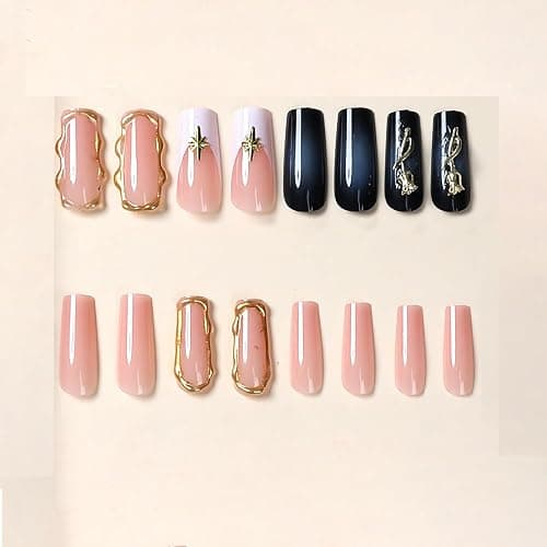 BABALAL Press on Nails Long Square Fake Nails Black Glue on White French Tip 3d Gold Chrome Texture Design Rose Charm Vintage Acrylic False Nails Y2k Fall Manicure Handmade Stick on Squoval Nails thumbnail 2
